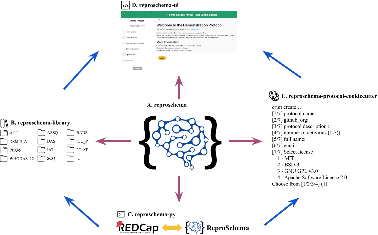 A diagram of the connections between the parts of ReproSchema.